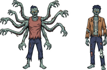 Fototapeta premium Creepy six armed zombie monster and undead man illustration, horror cartoon characters, spooky Halloween artwork, scary walking dead concept design