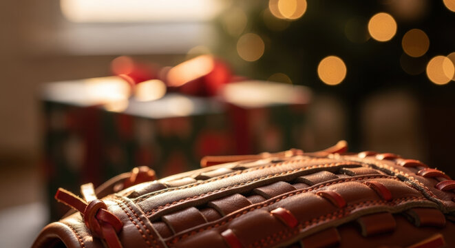 Vintage baseball glove resting among Christmas gifts, symbolizing a nostalgic holiday, passion and cherished memories.
