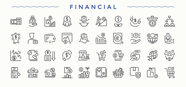 Financial icon set. Investment line icon set. Pictograms of exchange, banking, payment, bank, wealth and more. Editable stroke.