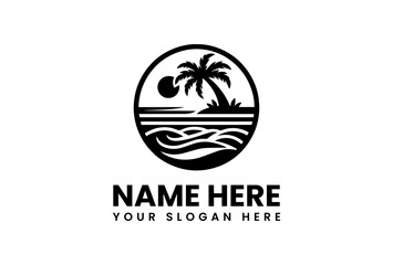 Black and White Beach Logo with Palm Tree Sun and Waves.