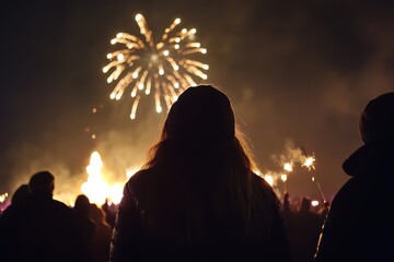 Festive Night Spectacle: Crowd Silhouetted Against a Dazzling Fireworks Display and Twinkling Sparklers, Creating Magical Moments.