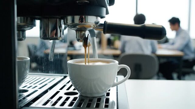 A coffee machine brewing freshly made espresso into a white cup, office setting and blurred people