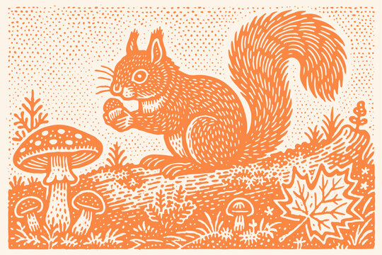 A cute squirrel holds a nut in a forest scene with mushrooms and a maple leaf. Vintage vector illustration in a classic hand-drawn woodcut or linocut style.