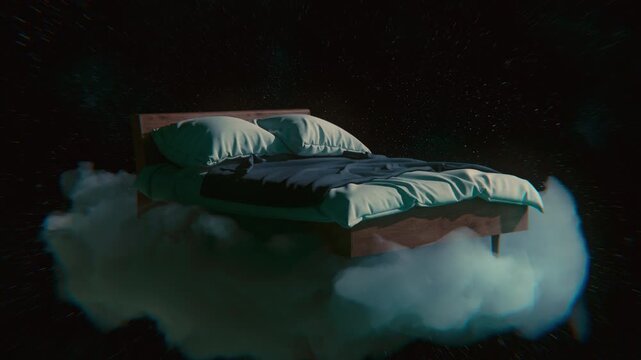 4K seamless 3D night loop of a wooden bed floating among clouds in a starry sky. Atmospheric, calm, and surreal &mdash; symbolizing dreams, imagination, and peaceful sleep.