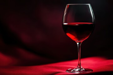 Elegant Wine Glass with Red Wine on a Dramatic Red Fabric Background for Sophisticated Drink Advertisement