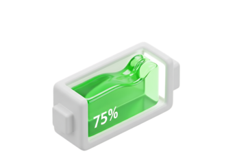 3d illustration of a 3d render of a battery icon showing 75 charge with a green liquid inside, isolated on transparent background on transparent background