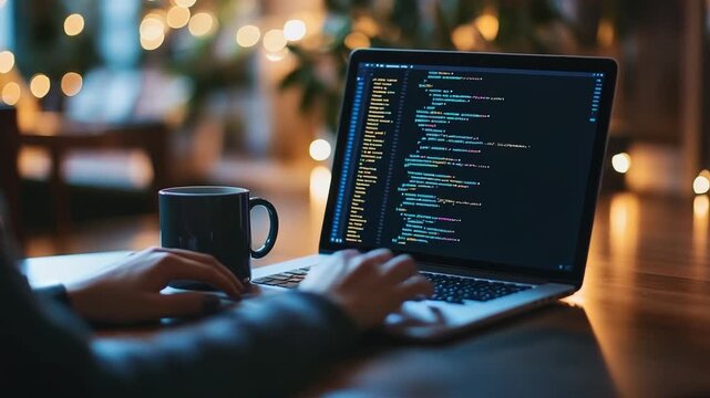 Person coding on laptop with coffee in cozy cafe