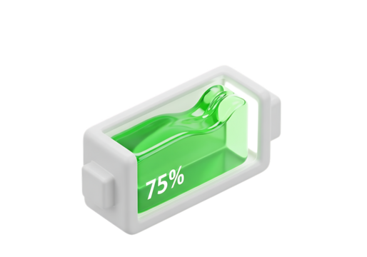 3d illustration of a 3d render of a battery icon showing 75 charge with a green liquid inside, isolated on transparent background on transparent background