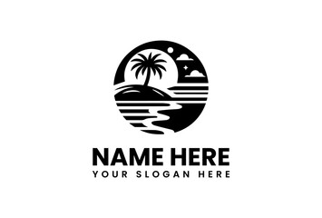 Black and white logo featuring a tropical island scene with palm tree.