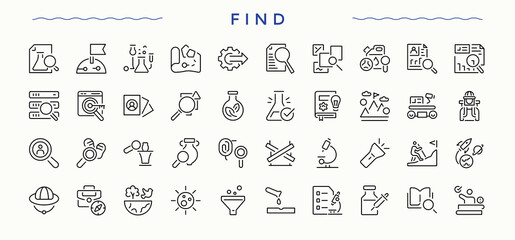 Search vector icon set. Collection for mobile and web apps. Contains such icons as discovery, analysis, investigate, magnify, data, research. Vector illustration. Research modern icon set.