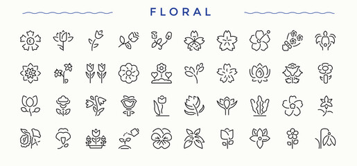Floral modern icon set. Contain linear symbols blossom, plant, flora, flower, flower garden and more. Flower Garden icon set. Thin outline icons pack. Vector artwork and illustration.