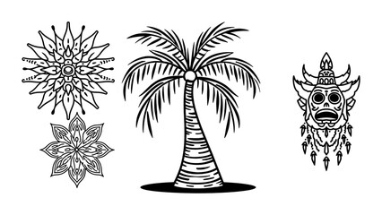 Striking tropical palm tree art with lotus flower and tribal mask in textured monochrome, perfect for modern designs and creative projects, impactful and unique