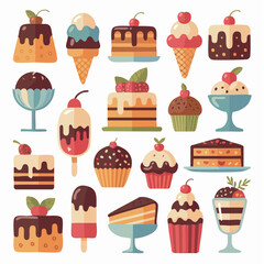 Colorful assortment of desserts displayed on white, including cakes, ice cream, and cupcakes, creating a sweet and inviting presentation.