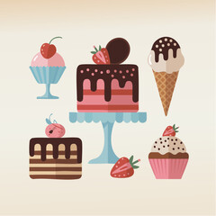 Colorful assortment of cakes and ice cream displayed on a creamcolored surface, evoking a sweet and cheerful mood with their vibrant decorations.