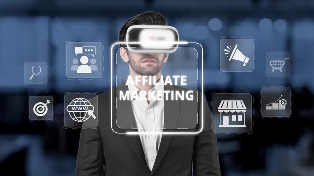 A businessman in a virtual reality headset represents the intersection of modern technology and affiliate marketing, showcasing innovative online solutions and strategies for business growth. Raster