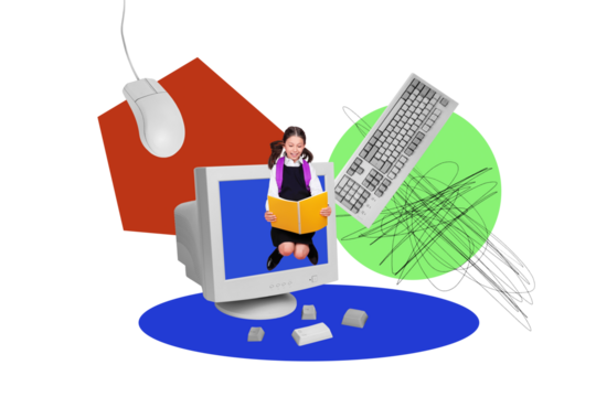Composite photo collage of happy girl student hold notepad jump pc screen informatics lesson keyboard mouse isolated on painted background
