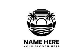 Black and White Tropical Beach Logo with Palm Trees and Sunset.