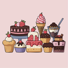 Assorted desserts featuring cakes, cupcakes, and ice cream displayed on a pink surface showcasing sweetness and indulgence, creating a delightful and tempting scene.