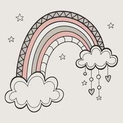 Boho rainbow with clouds stars and falling hearts hand drawn doodle style isolated on transparent background