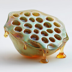 Abstract amber liquid with holes dripping and pooling. Modern organic form, fluid dynamics concept. Digital art render for background design.