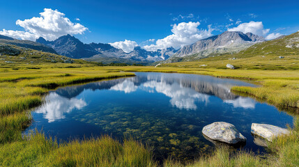 Lush green landscape with serene lake reflecting mountains and clouds, creating peaceful