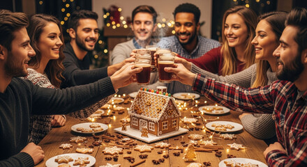 Diverse group of young adults cheerfully toasting drinks while decorating gingerbread house at cozy Christmas gathering.