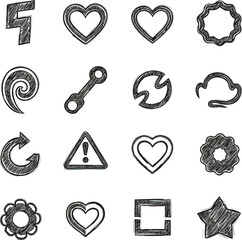 Hand drawn scribble icon set with various symbols.