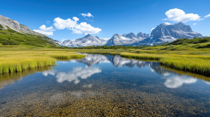 Lush green grass surrounds tranquil lake reflecting majestic mountains under clear blue sky