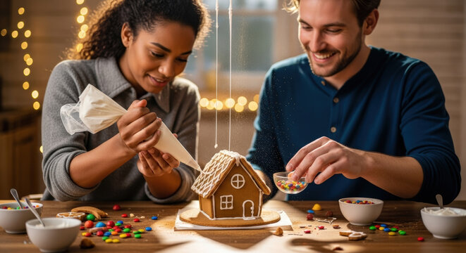 Happy interracial couple decorating gingerbread house together in cozy living room, celebrating Christmas with festive baking.
