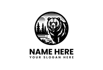 Circular Emblem of a Bear with Forest and Stream in Black and White.