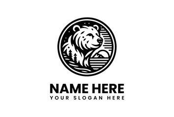 Detailed Black and White Bear Logo with Mountain and Trees.