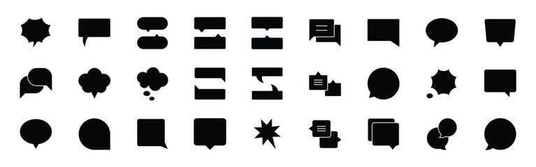 Popup bubble speech solid black icon set. Vector for message, comment, chat icon. Ideal for modern communication, dialog popups, Speech bubble, speech balloon, chat bubble and digital talk bubble set.