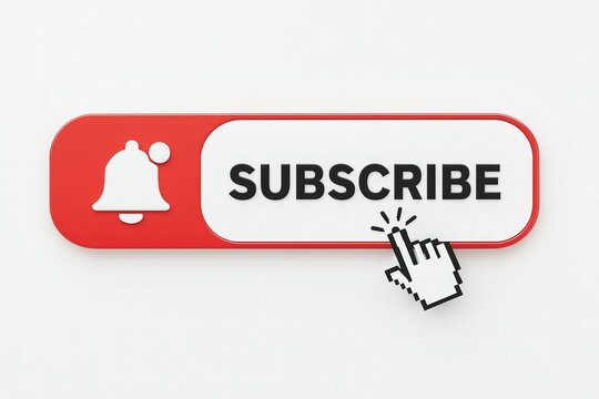 Red and white subscribe button with bell icon and cursor clicking to subscribe