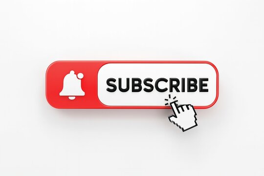 Red and white subscribe button with notification bell icon and cursor clicking on it - Powered by Adobe
