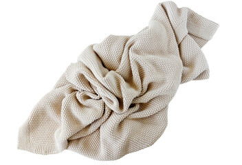 Beige knitted blanket isolated png file on trahsparent background. Cutout object 
