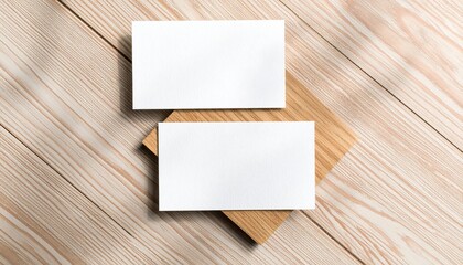 Two blank business cards resting on a wooden surface with soft shadows creating a minimalistic and professional aesthetic, perfect for showcasing branding or contact information.