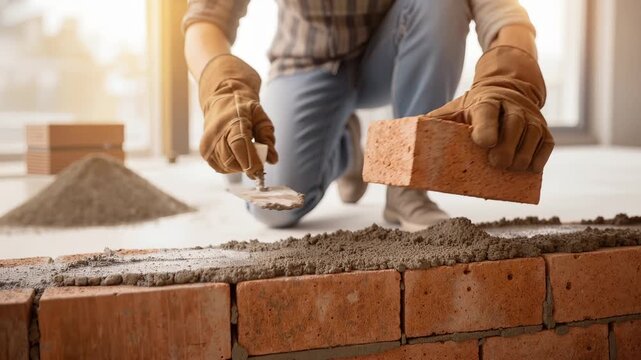 construction worker laying bricks with trowel on wall