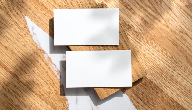 Two blank business cards resting on a wooden surface with dappled sunlight creating shadows, showcasing a clean and minimalist aesthetic for branding purposes.