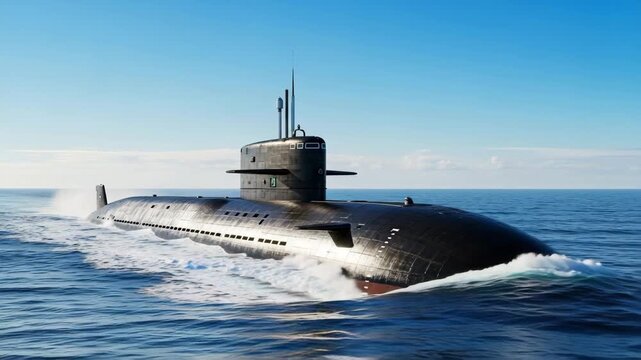 Modern military submarine sailing on ocean surface warship vessel at sea