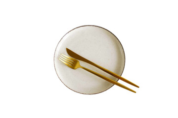 Empty beige ceramic plate with golden cutlery top view isolated png file cutout object on transparent background. 