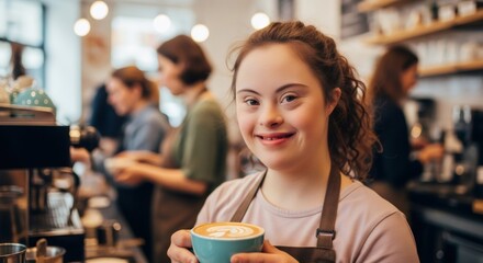 Caucasian woman with Down syndrome barista holding a latte with a smile in a coffee shop. Concept of employment, diversity, and social inclusion.