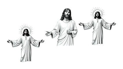 Striking monochrome depiction of Jesus Christ with outstretched arms, a powerful symbol of faith, hope, and salvation for religious and spiritual themes