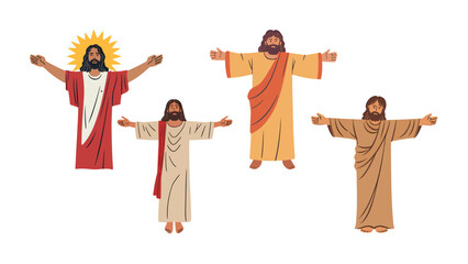 Illustrations of Jesus Christ in robes with open arms expressing love, faith, and hope for religious teachings, church resources and spiritual inspiration