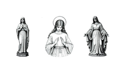Striking Mary Statue Trio: Religious Art for Haunting Designs and Gothic-Inspired Projects, Evoking Mystery and Reverence in Spiritual Contexts, Ideal for Dark Themes