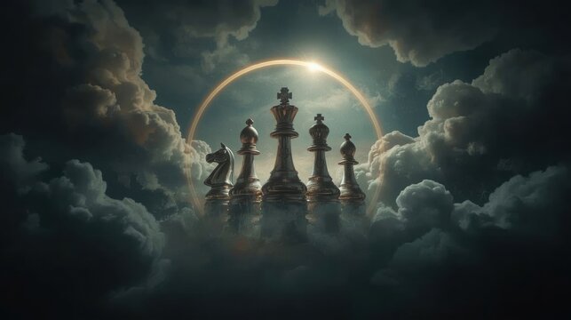 Mystical chess pieces emerge from swirling clouds under a glowing celestial arch