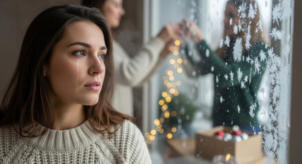 Pensive young woman with tearful eyes gazing at frosted window with holiday decorations, conveying sadness and longing.