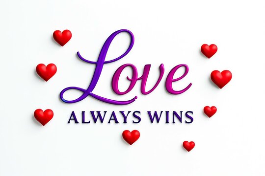 Beautifully rendered text that says love always wins surrounded by small red hearts on a white background - Powered by Adobe