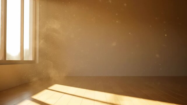 Dusty Sunlight: Sunbeams stream through a window, illuminating dust motes dancing in the air within an empty, sunlit room, creating a serene and ethereal atmosphere.