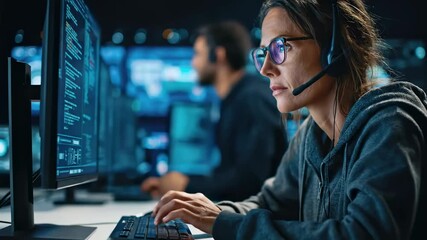 Focused woman in headset and glasses working intently on a computer with glowing data, in a dark, high-tech operations center or call support environment. - Powered by Adobe