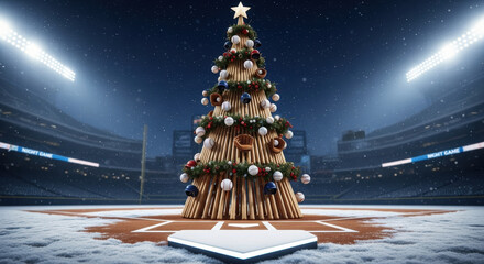 Festive baseball Christmas tree in stadium, decorated with baseballs and bats, conveying holiday spirit and sports theme.